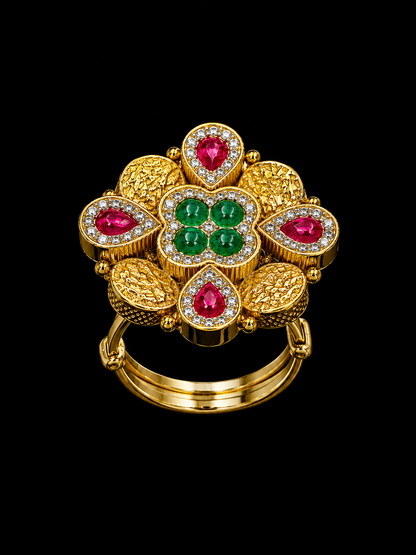 A gold-tone ring with a floral design, featuring rubies and CZ stones.