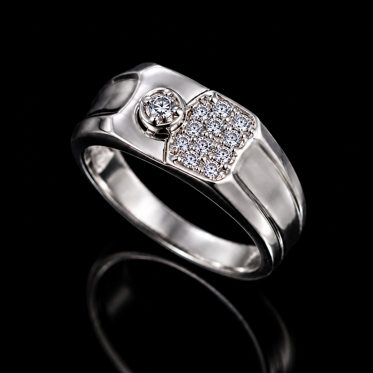 A silver ring with a central round CZ stone and a square design featuring smaller CZ stones on the sides.