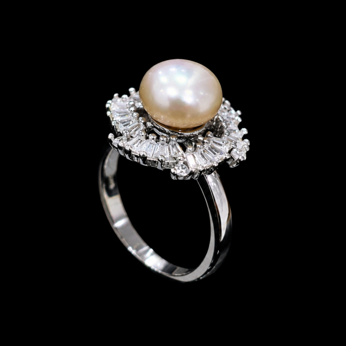 A pearl ring with CZ stones on a silver band