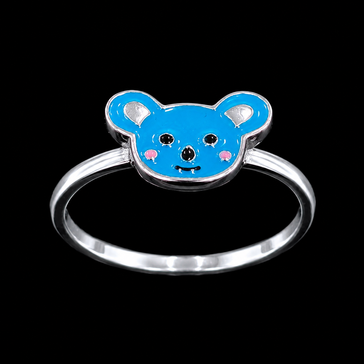 A silver ring with a blue koala face design