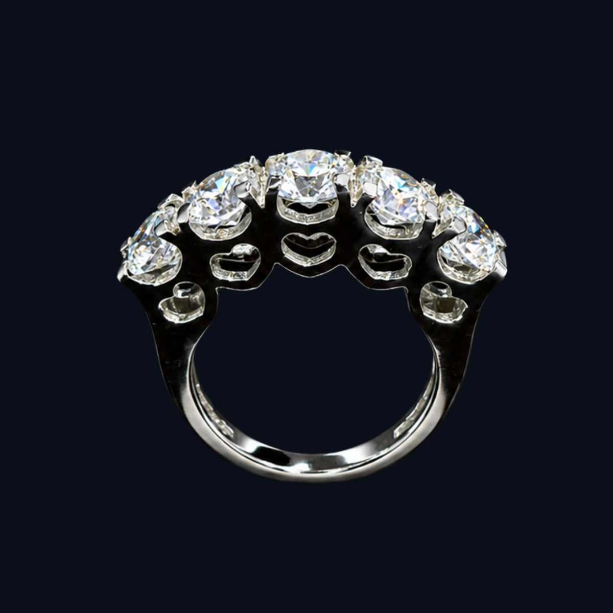 A silver ring with multiple round-cut clear CZ stones.