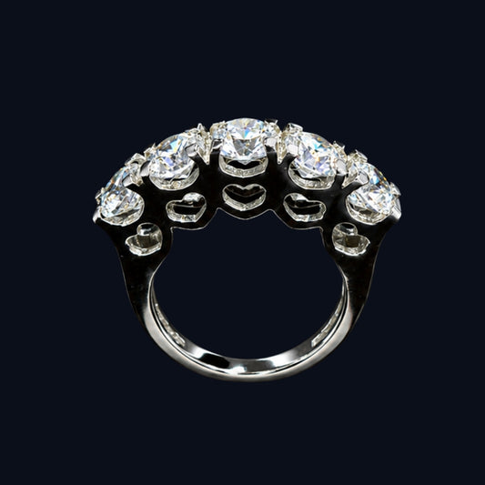 A silver ring with multiple round-cut clear CZ stones.