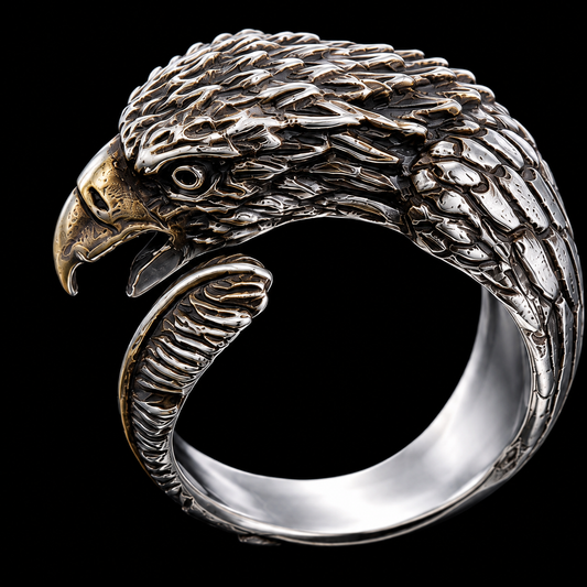 A silver and gold-tone ring featuring an intricately detailed eagle head design with CZ stones.