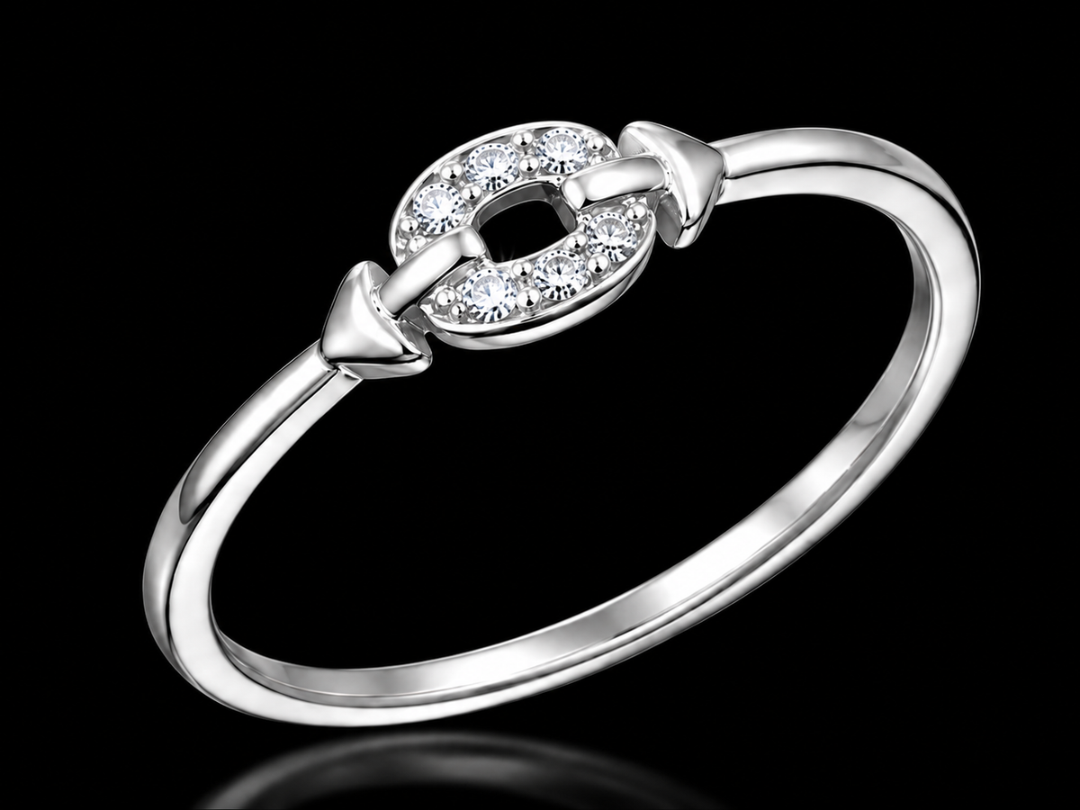 A silver ring with a chain motif and CZ stones.