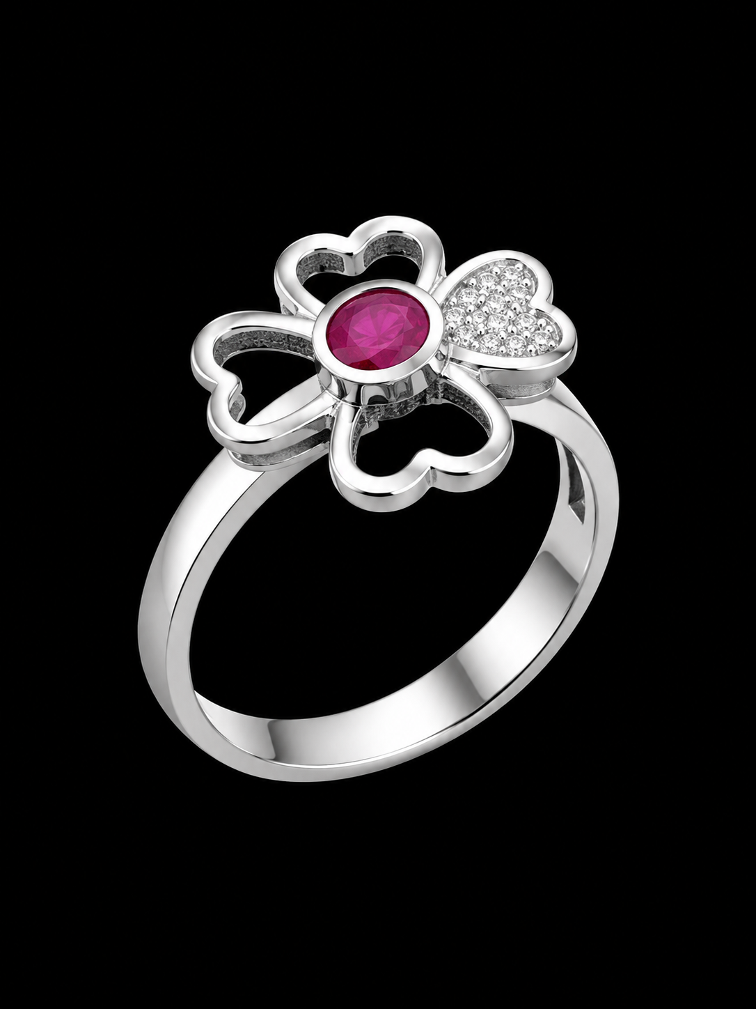 A silver-tone ring with a flower design and CZ stones.