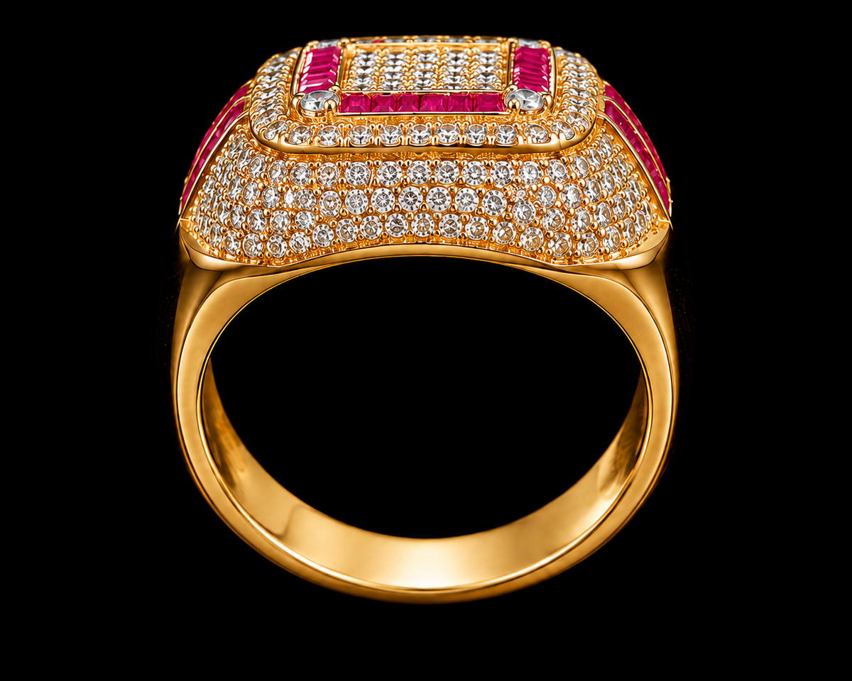 A gold-tone ring with a square design and CZ stones, set against a black background.