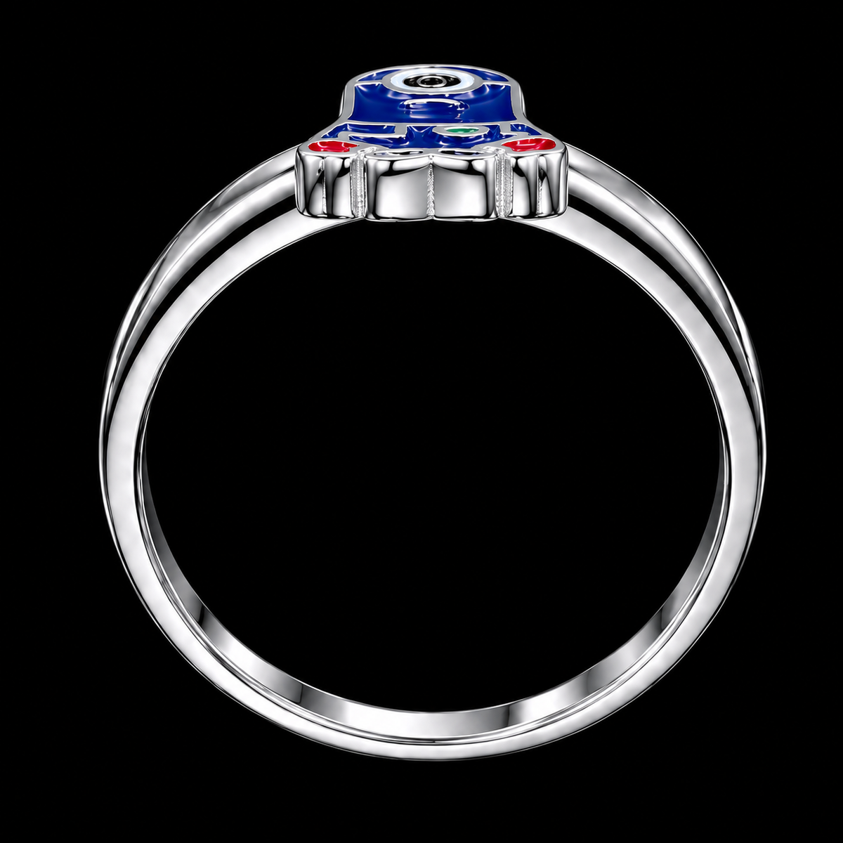 A silver-tone ring with a blue enamel top and a small black CZ stone in the center, surrounded by red and green enamel details.