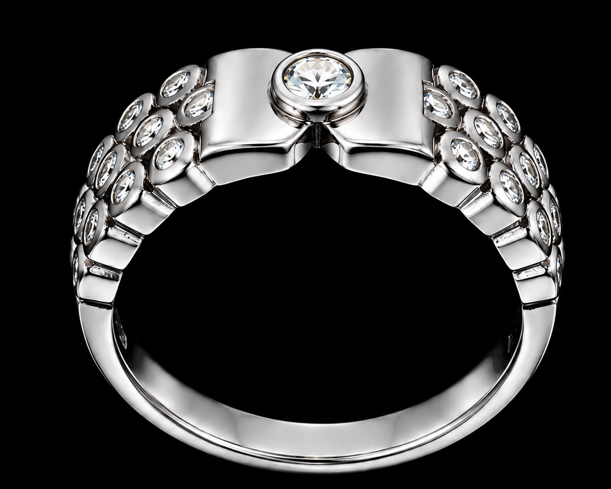 Silver ring with clear CZ stones on a black background