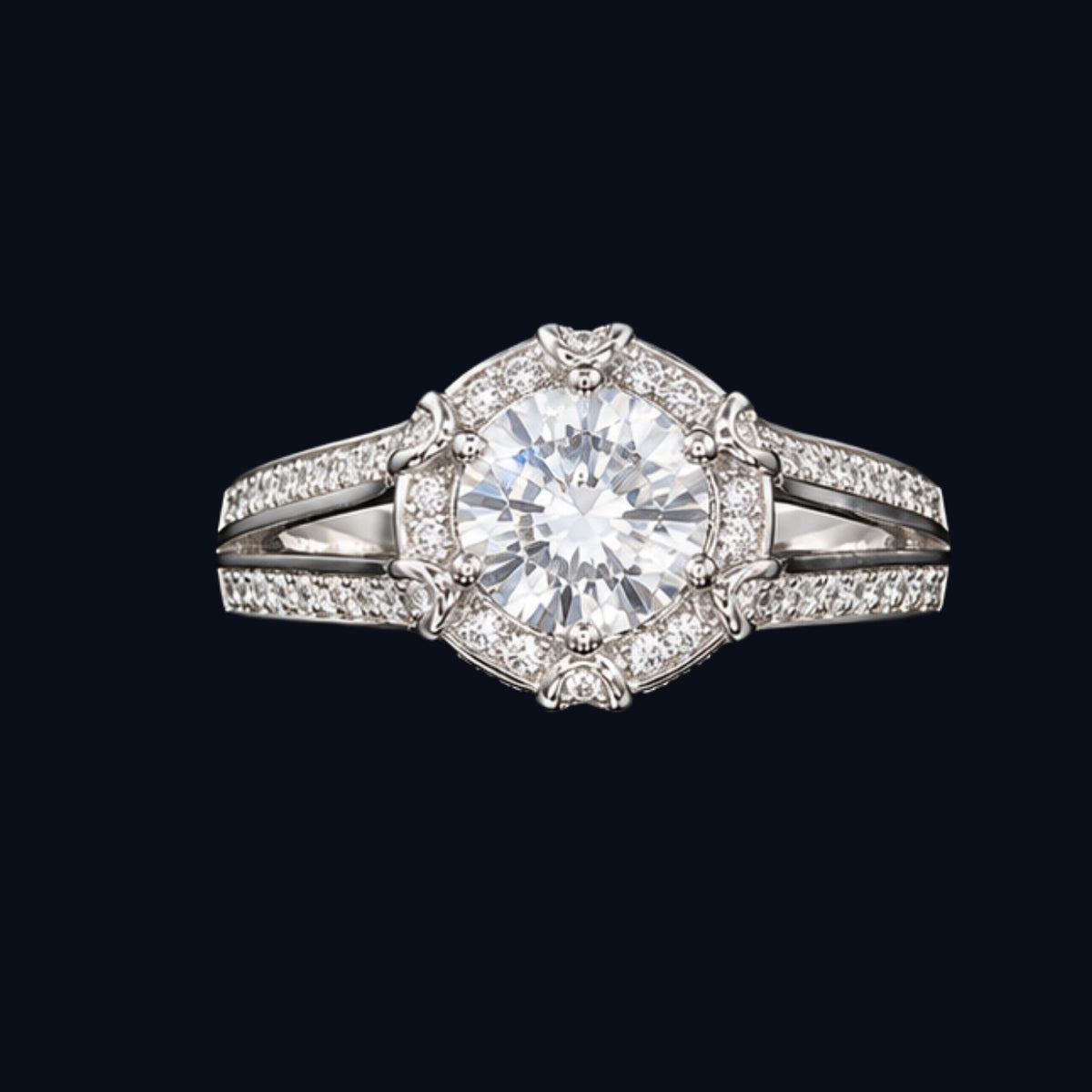 A silver ring with a floral design and CZ stones.