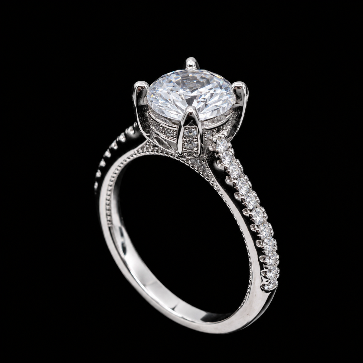 A silver-tone ring with a large oval-cut cubic zirconia stone and smaller stones on the band.