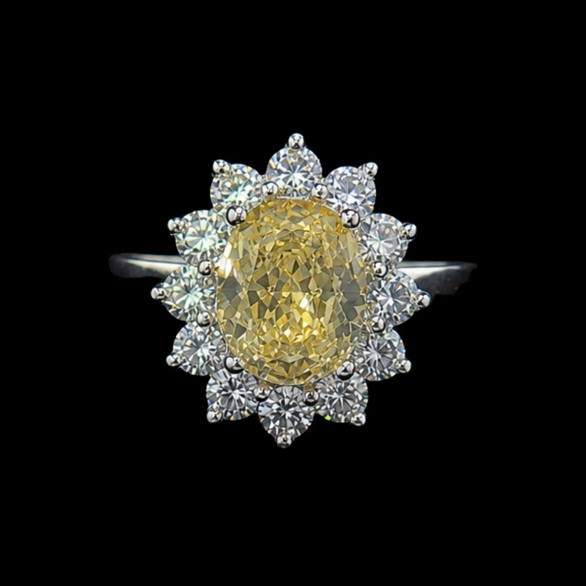 A yellow CZ ring with a floral design and clear CZ accents on a silver band.