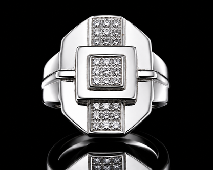 A silver ring with a square design and clear cubic zirconia stones.