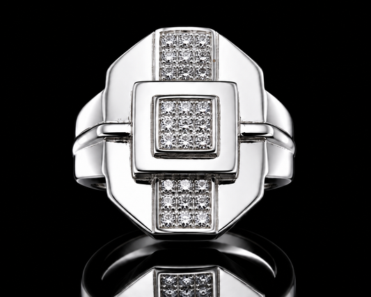 A silver ring with a square design and clear cubic zirconia stones.