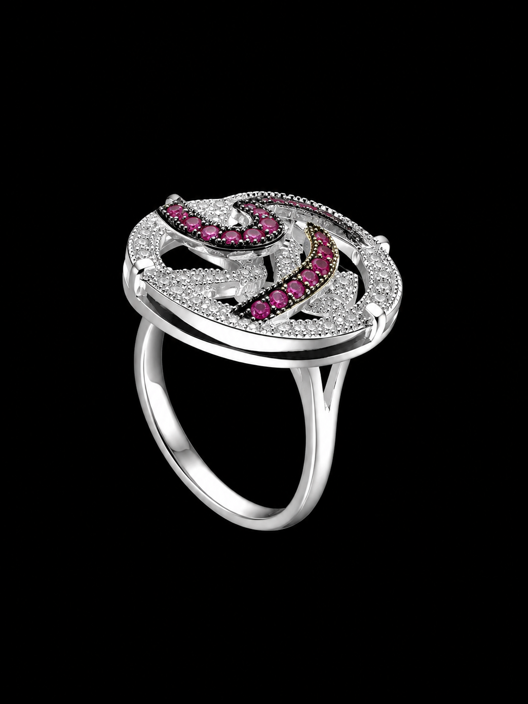 A silver ring with enamel work and CZ stones on a black background.