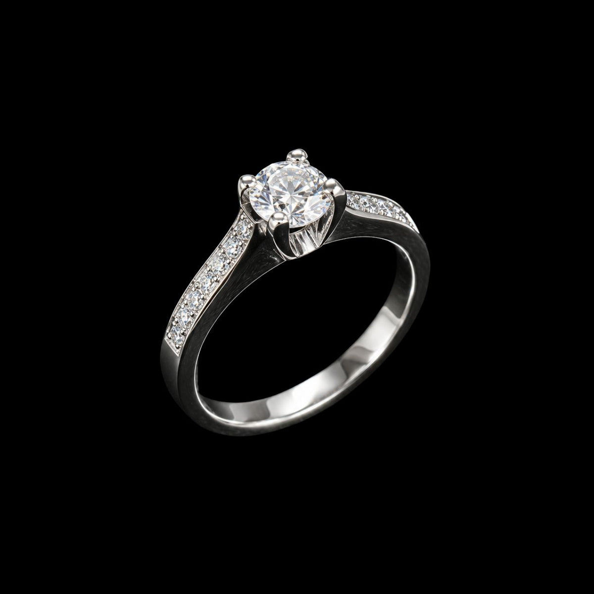 A silver ring with a round-cut cubic zirconia stone on a black background