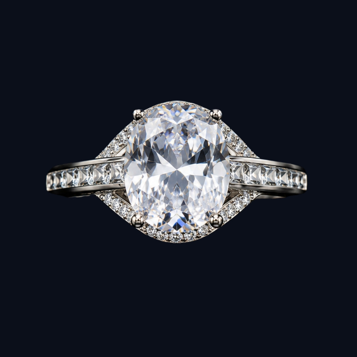 A silver ring with an oval-cut CZ stone, set in a geometric design.