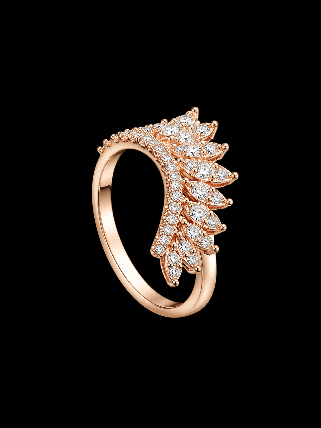 A rose gold ring with a leaf design and CZ stones.