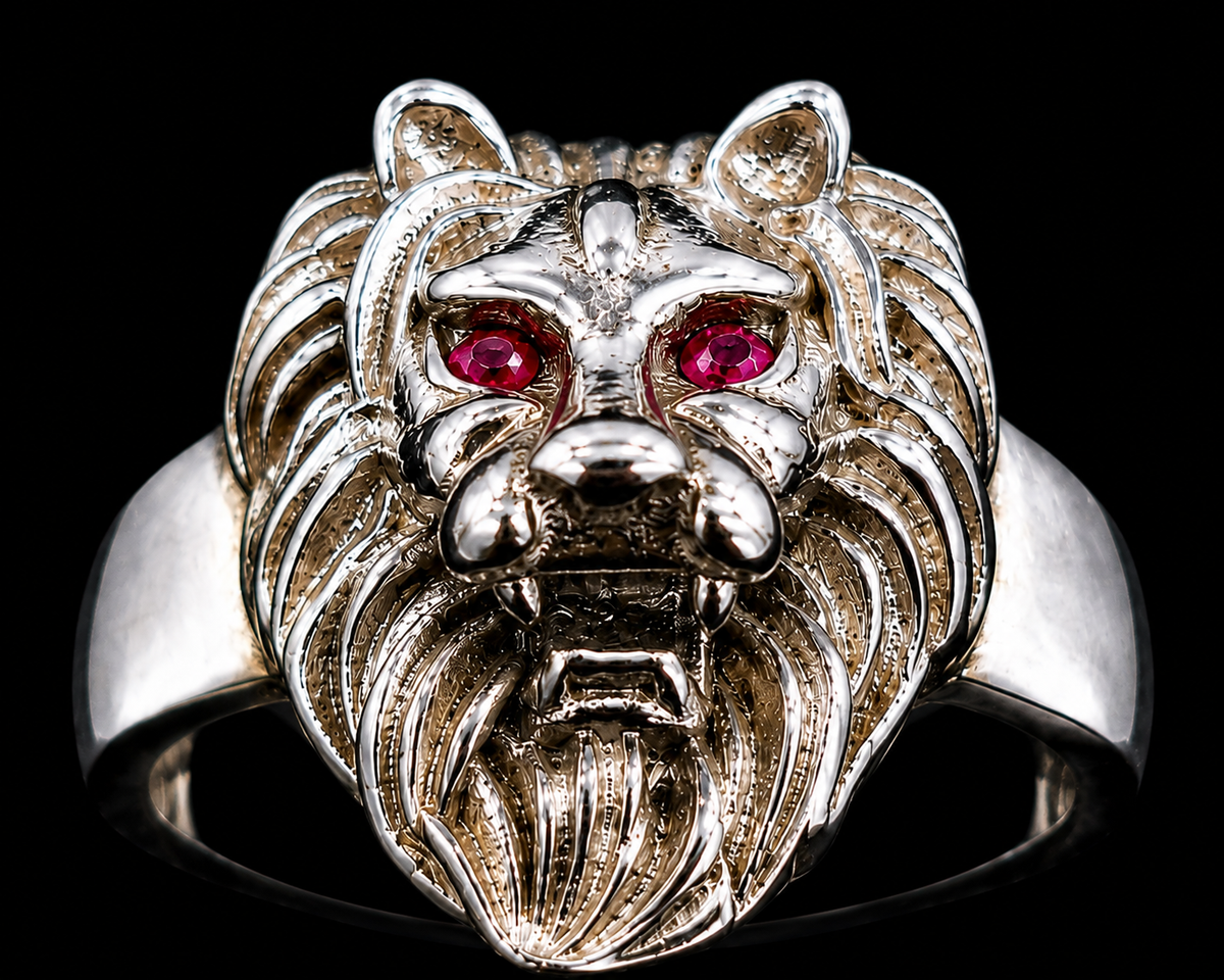 A silver ring with a tiger's head and red CZ eyes.