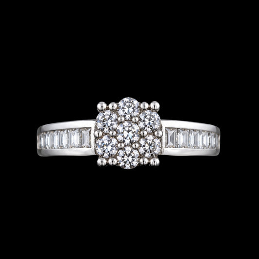 A silver ring with a cluster of clear cubic zirconia stones.