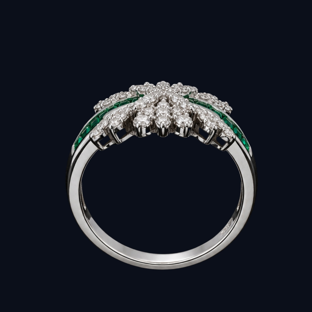 A silver-tone ring with a floral design and clear cubic zirconia stones.