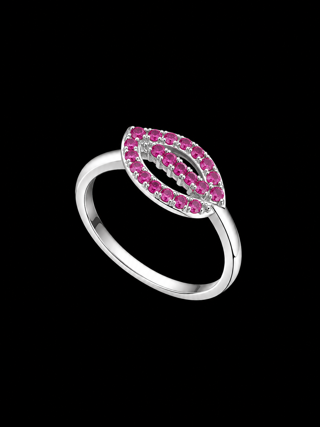 A silver ring with a central oval motif featuring pink CZ stones.