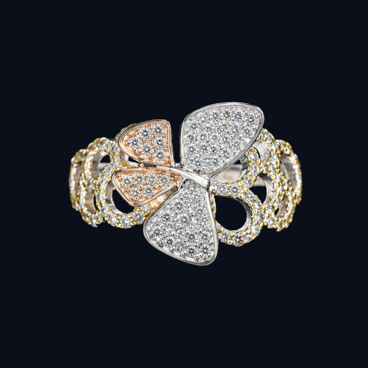 A butterfly ring with CZ stones and a gold-tone finish.