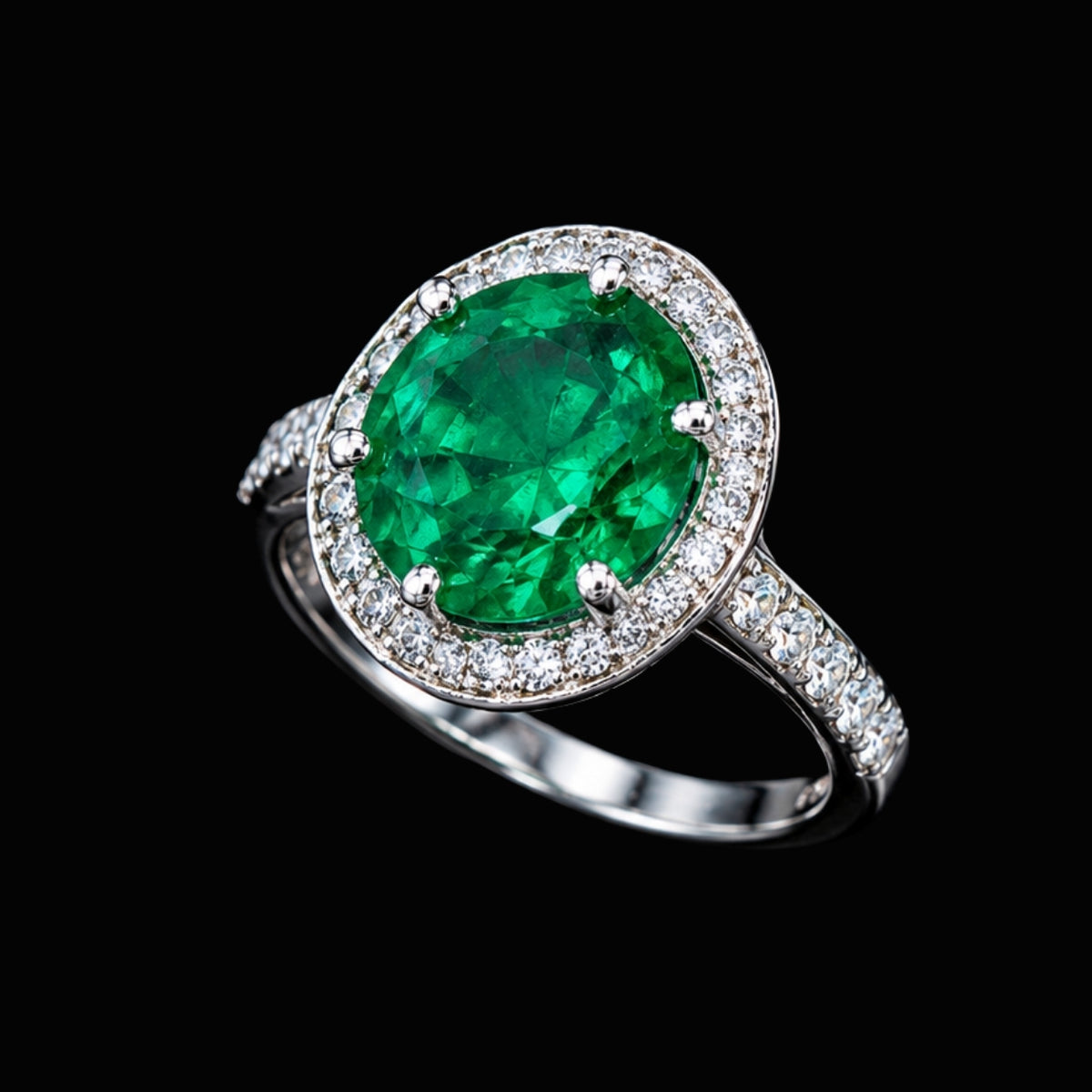 A silver ring with an emerald stone and CZ stones