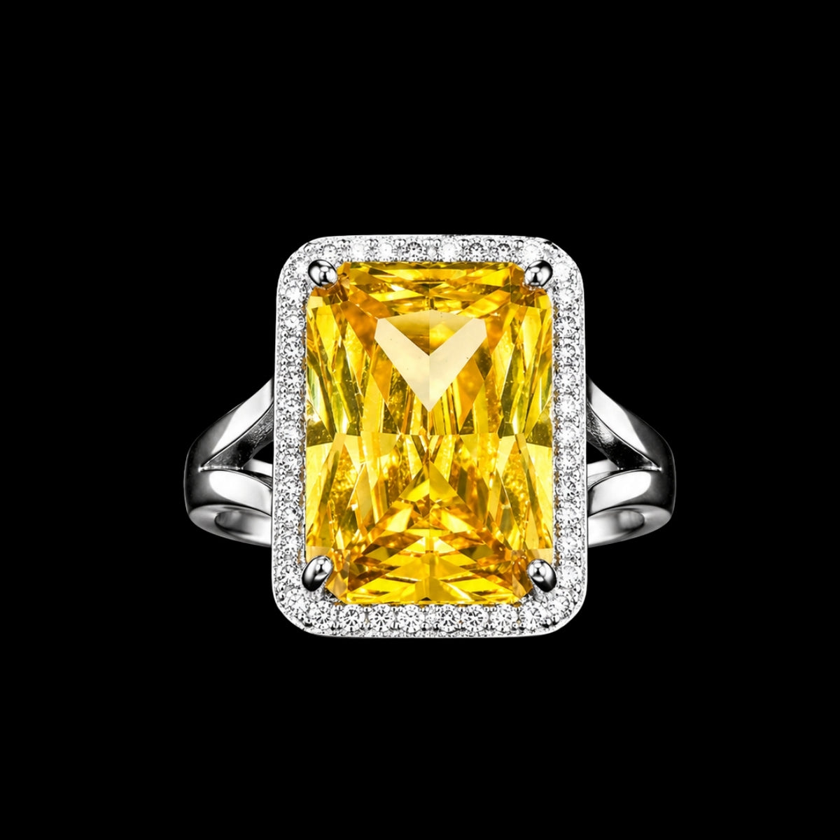 A silver ring with a large yellow CZ stone and smaller stones around the edge.