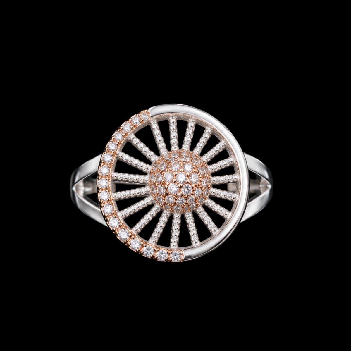 A silver ring with a wheel design and clear CZ stones.