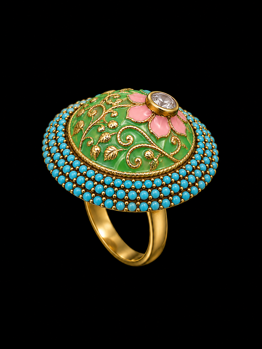 A gold ring with an enamel floral design and a CZ stone in the center, set against a black background.