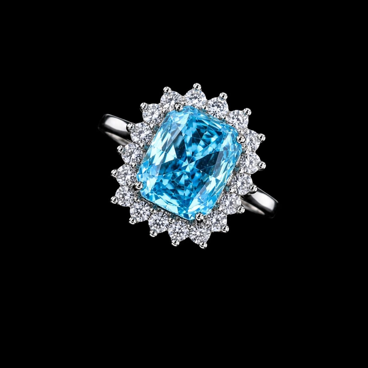 A silver-tone ring with a large blue gemstone and small clear gemstones.