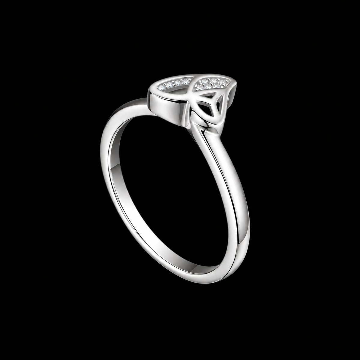 A silver ring with a CZ stone design, set against a plain background.