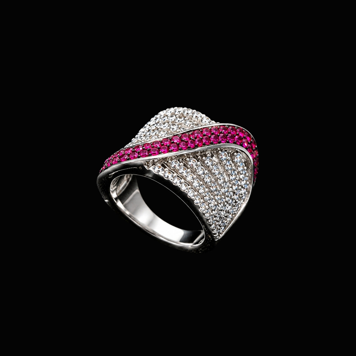 A silver ring with clear CZ stones and enamel work, featuring a geometric design.