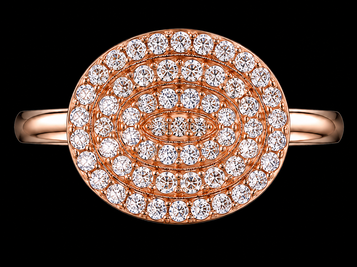 A rose gold ring with intricate details and sparkling CZ stones.