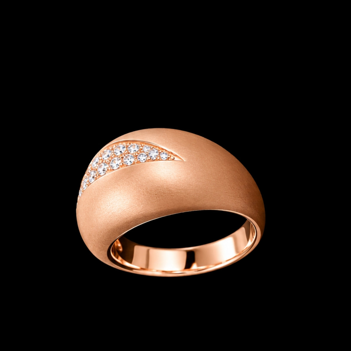 A rose gold ring with a band of CZ stones