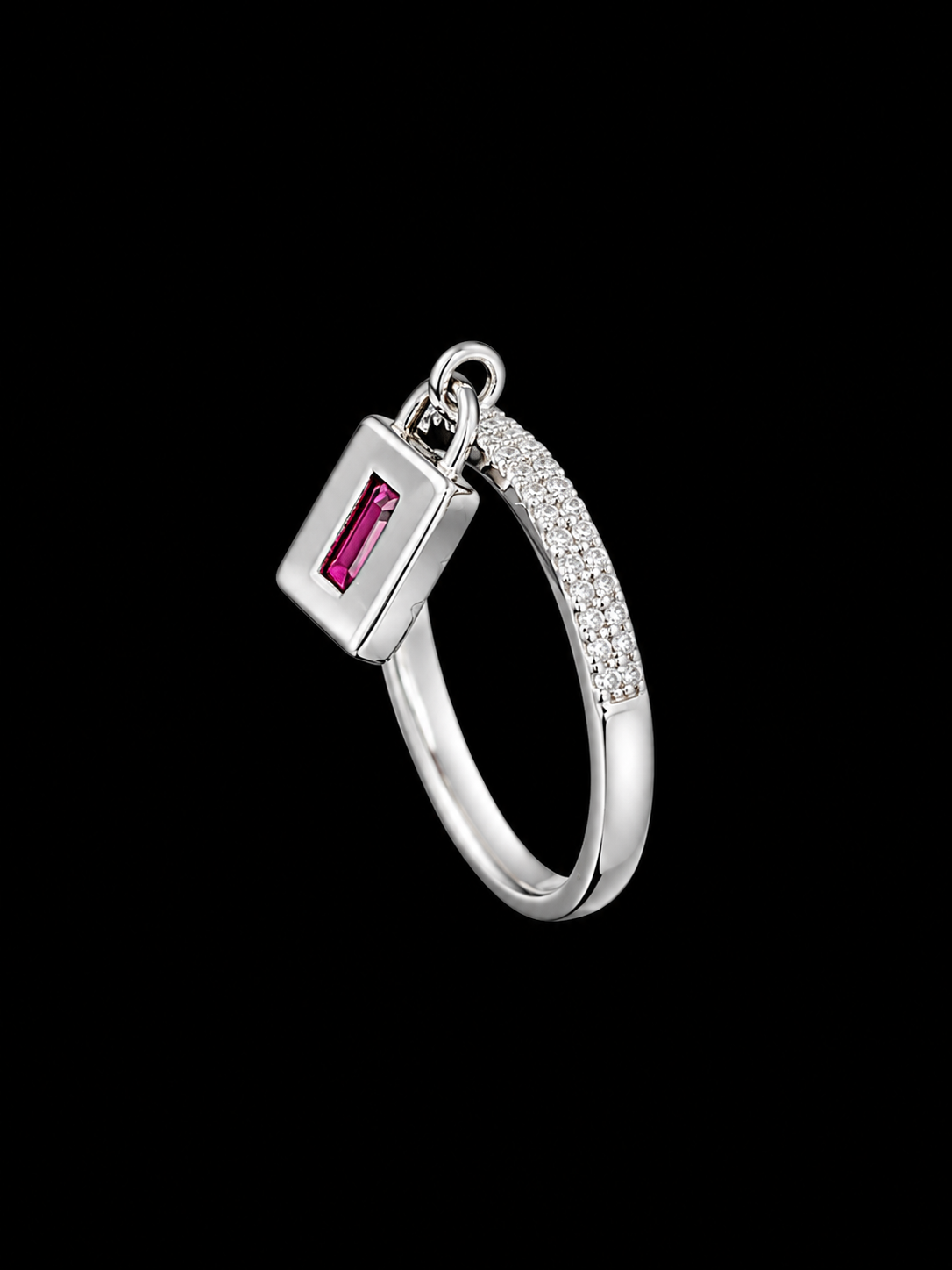 A silver ring with a padlock design and a pink CZ stone.