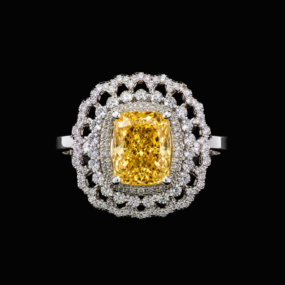 A yellow CZ ring with a large yellow stone and white CZ accents, set in a silver-tone setting.