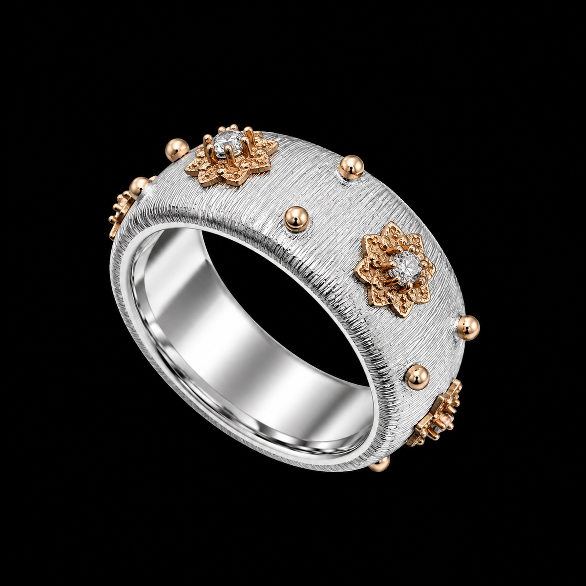 A ring with gold and silver tone metal and CZ stones.