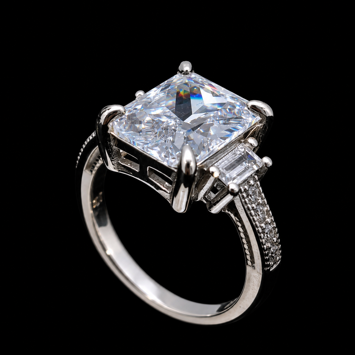 A silver ring with a large cubic zirconia stone and small accents.