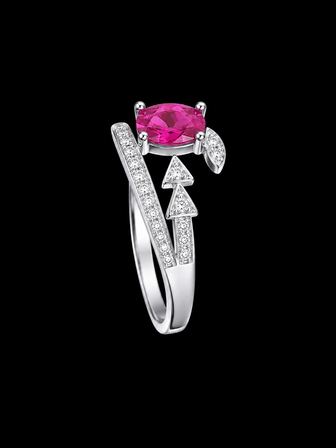 A silver ring with a pink oval-cut CZ stone and geometric design.