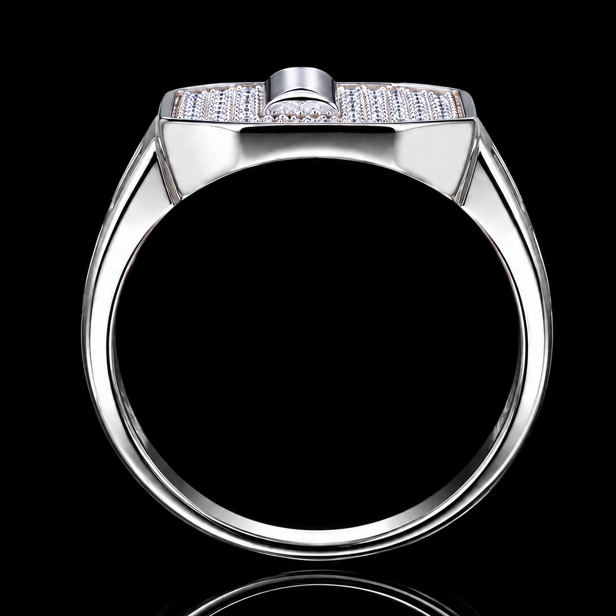 A silver ring with a geometric design and CZ stones.