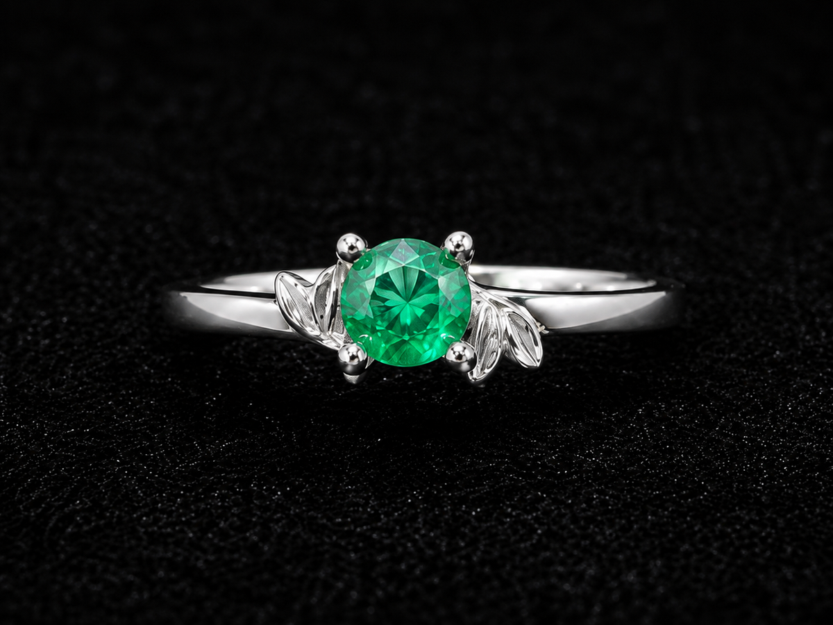 A silver ring with a round-cut green gemstone on a black background