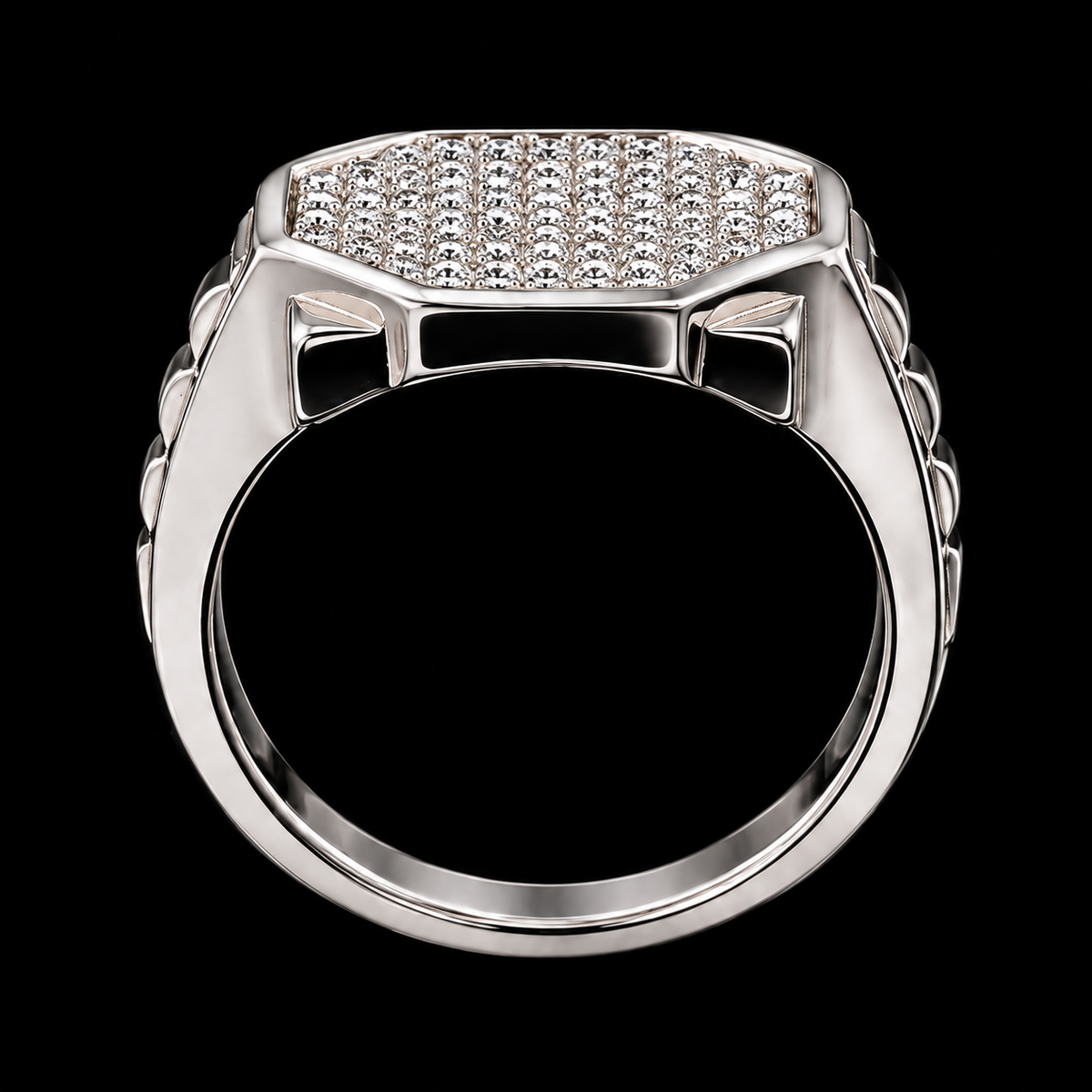 A silver ring with a hexagonal design and CZ stones.