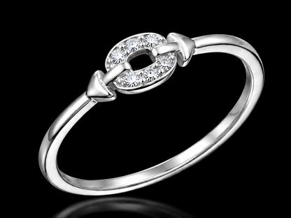 A silver ring with a chain design and CZ stones.