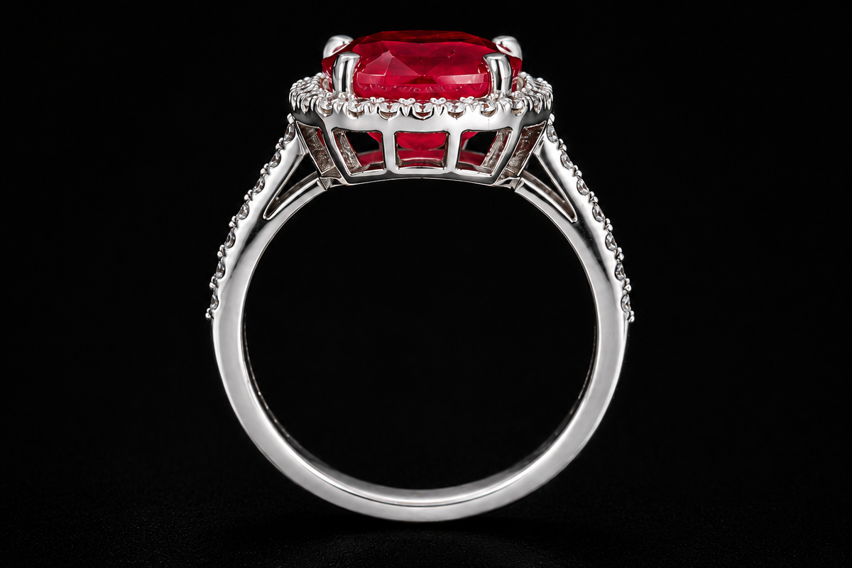 A silver ring with a large ruby stone, set in an ornate design.