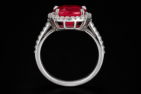 A silver ring with a large ruby stone, set in an ornate design.