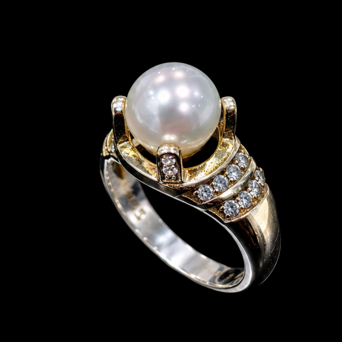 A pearl ring with CZ stones set in a gold-tone band.