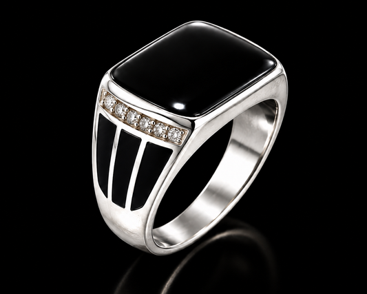 A square black onyx ring with a silver tone and adjustable closure.