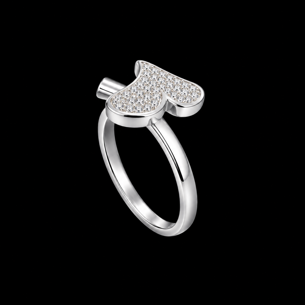 A silver ring with a CZ stone design on a plain background