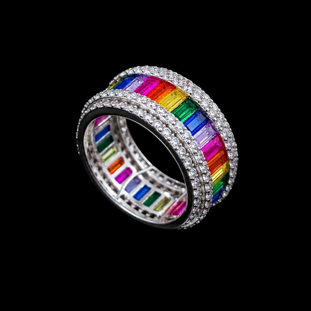 A silver ring with a rainbow design and cubic zirconia stones.